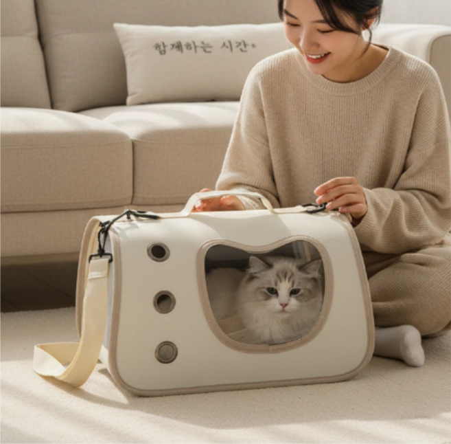 고양이 이동가방 반려동물 슬링백 투명창 통풍 경량 숄더백, 1개, 베이지색