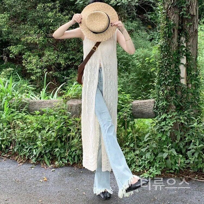 티류으스 써머롱니트조끼 레이어드 그물 롱베스트 보헤미안스타일 여름