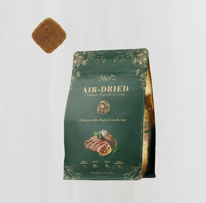 Herz AIR-DRIED 低溫風乾犬糧 雞肉鴨肝配方 36%蛋白質 0%穀物, 1kg, 1個, 嫩雞佐頂級鴨肝