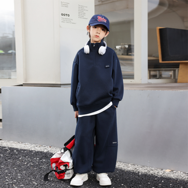 리틀밤 주니어 여아 남아 아동복 키즈 데일리 트레이닝 츄리닝 운동복 등원복 초등 저학년 등하교복 셋업 기모 네이비 하이넥 반집업 상하세트