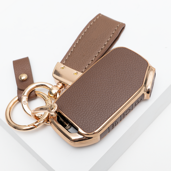 기아 호환 차 키 케이스 스마트 키커버 리모컨 키홀더 가죽 스트랩 세트, TL72_KH17(4버튼), (브라운)