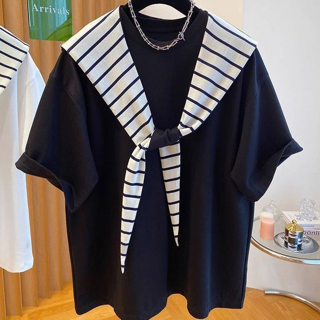 여성 여름 후드 반팔티 캐주얼 스트라이프 넥타이 루즈핏 반팔 티셔츠 YLP