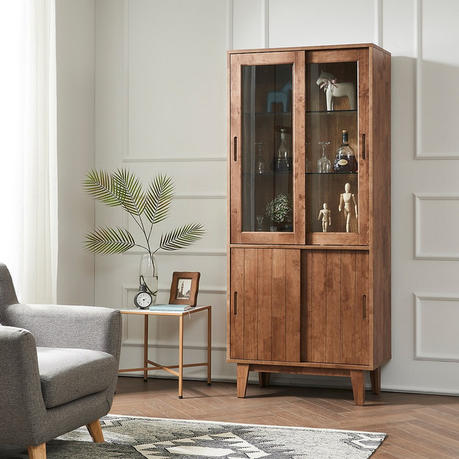 명품 고무나무 원목 장식장 G타입 유리 진열장 미닫이 수납장