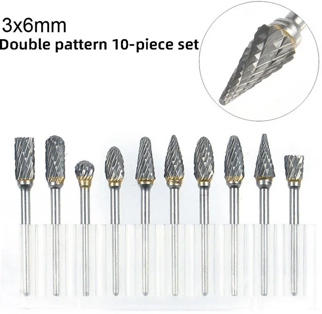 텅스텐 카바이드 로터리 버 세트 10pcs 나무 돌 조각 철강 금속 작업을위한 3mm 생크 6mm 비트로 버 비트, 01 10PCs Set