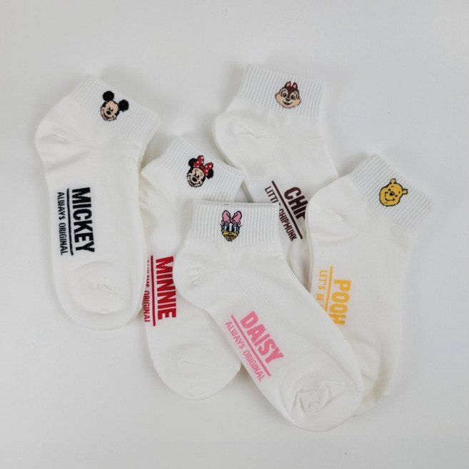 디즈니 5종 세트 여자 중목 단목 양말 캐릭터 귀여운 여성 푸우 미키 미니 도날드 칩 케릭터 학생 교복 삭스