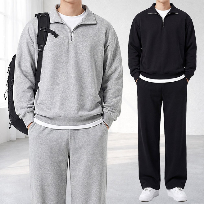 남자 트레이닝 세트 와이드 팬츠 반집업 맨투맨