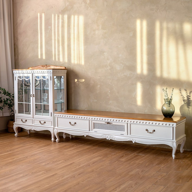피어젠가구 푸트리 프렌치 엔틱 원목 TV 거실장세트 B타입, 화이트