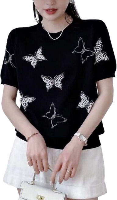 여자 여름 반팔 니트 나비 비즈 핫피스 톱 4T317