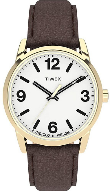 Timex 타이맥스 남성용 이지 리더 볼드 38mm 시계 - 브라운 가죽 스트랩이 달린 골드 톤 케이스 화이트 다이얼