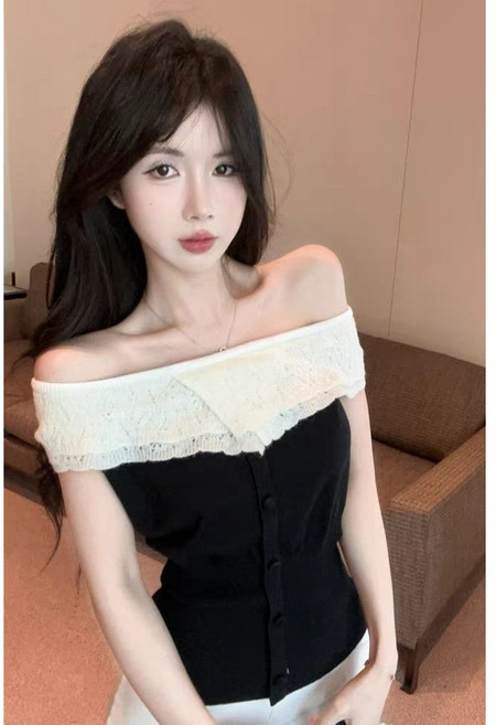 여성 여름 니트 반팔 티셔츠 오프숄더 슬림핏 니트 상의 패션 여자 니트 반팔티 LT