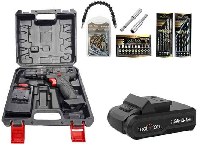툴앤툴 21V 충전식 무선 전동드릴 배터리2개 패키지 콘크리트 타공 TNT-HEX21LI + 드릴 필수 액세서리 6종, 1개