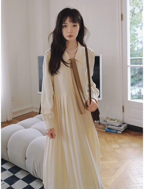 원피스 22년 여성신상 가을 프랑스 빈티지 부드러운 살구색 하이웨스트 슬림핏 주름 치마 FC2387