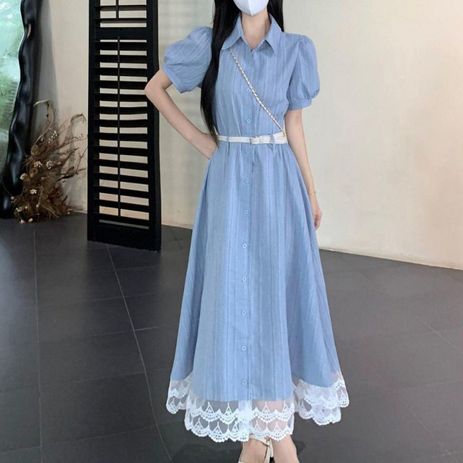 ORZQU 여름 여성 슬림 셔츠 넥 벨트 롱스커트 심플 레이스 수술 원피스