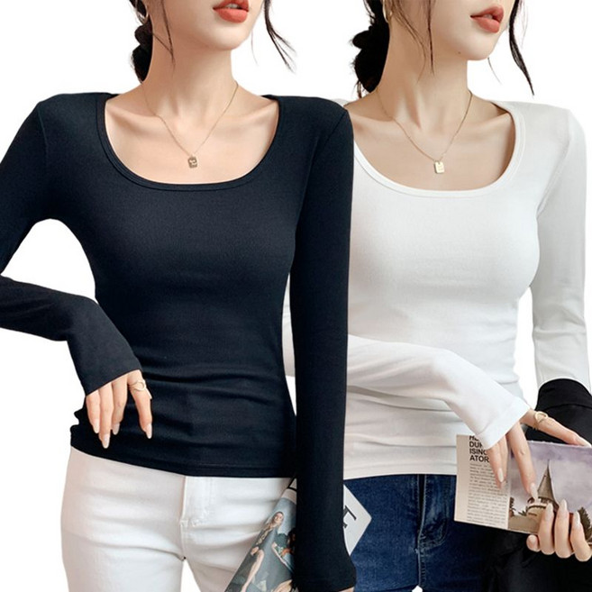 1+1 여자 기모 티셔츠 슬림핏 스퀘어넥 정어깨 긴팔티 2매입 가을 겨울 여성 긴팔 티셔츠 CJJ