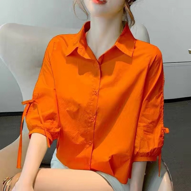 쁘띠꼬모 여성 7부 소매 셔츠 리본 스트랩 블라우스 루즈핏 심플 GX3032504