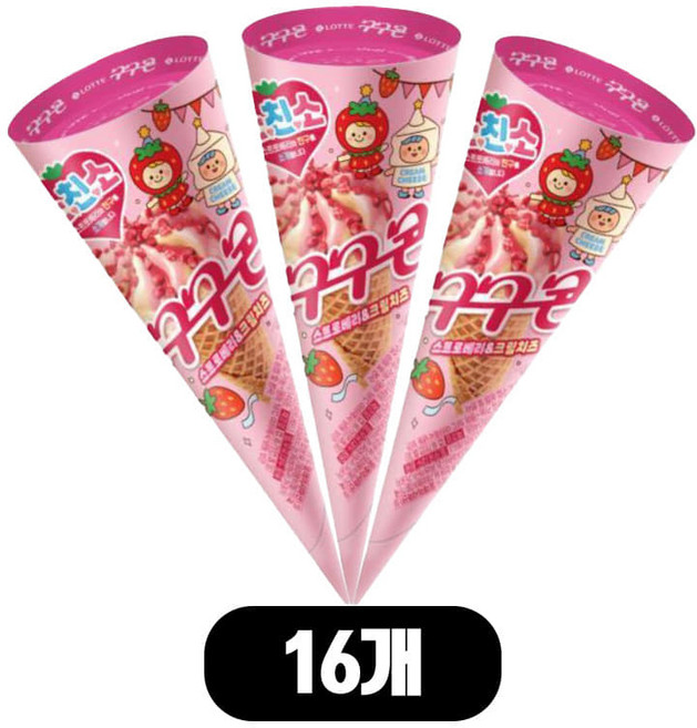 롯데 딸기 콘 아이스크림 구구콘 딸기, 16개, 150ml