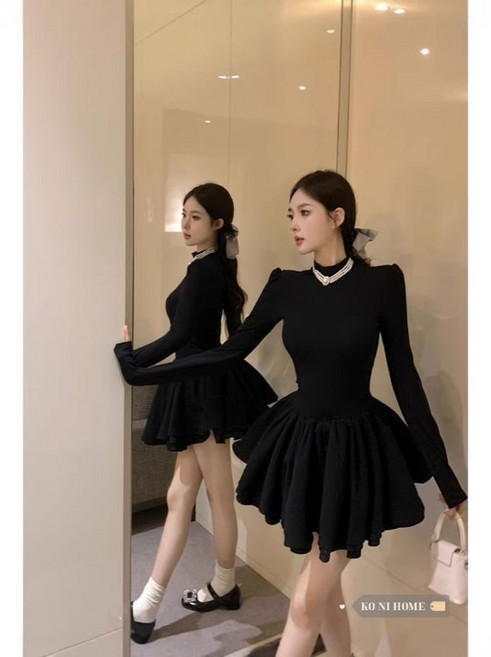赫本風半高領連衣裙 秋冬御姐風修身顯瘦蓬蓬短裙, 黑色