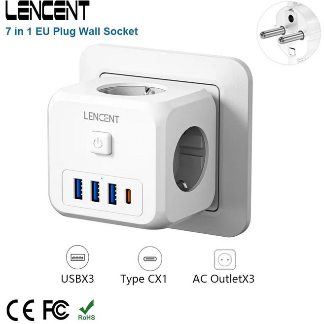 LENCENT 가정용 벽 소켓 확장기 AC 콘센트 3 개 USB 포트 3 개 타입 C 7-in-1 EU 플러그 충전기 켜기/끄기 스위치, 1개, 1.Eu 플러그 - 3AC 3U1C