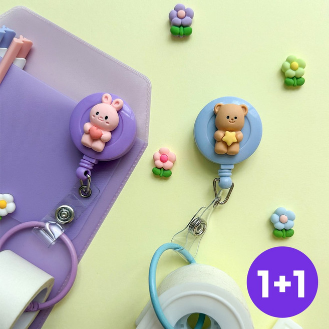 인싸 캐릭터 간호사 테이프걸이 2p 모음 사원증 릴홀더 1개, 퍼플하트토끼_블루별곰돌이