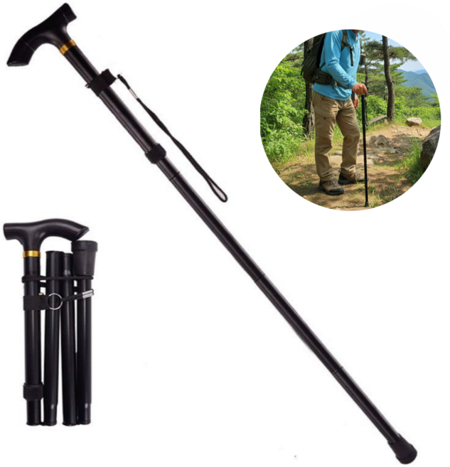 접이식 등산용 미끄럼방지 보행 지팡이 높이조절 가능 노인용 지팡이, 1개, 블랙