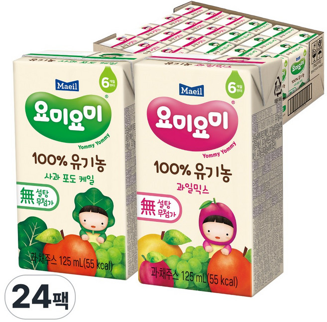 요미요미 유기농 주스 사과포도케일12+과일믹스12, 24팩, 125ml