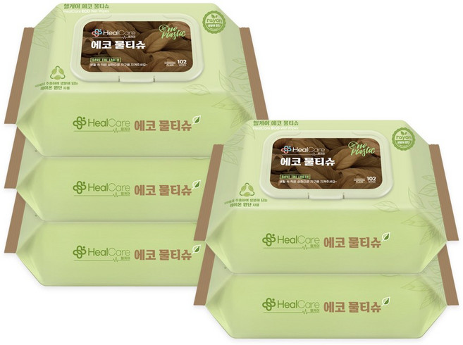 생분해 헬케어 에코 물티슈 캡형 레이온 100% 원단 아기물티슈, 102매, 5개