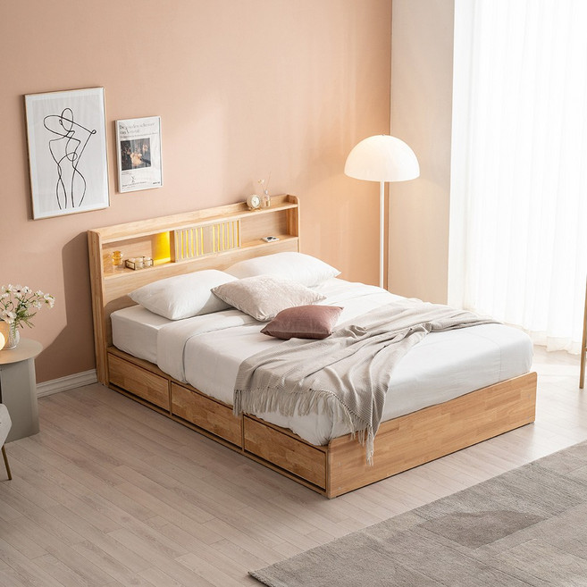 파로마 이즈 우든 LED 원목 수납 침대 프레임 SS / Q, 내추럴 IDH011