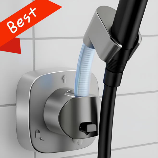 맑은욕실 무타공 360도 각도조절 흡착식 코브라 샤워기 거치대, 퀵실버