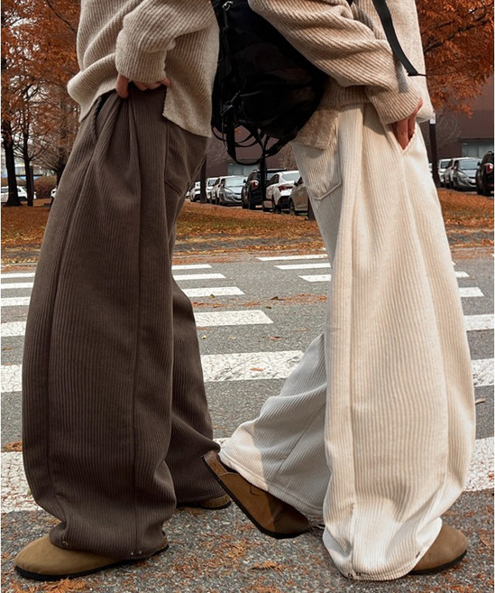 [1+1할인/기모] 골덴 사이드 핀턱 옆절개 밑단 스냅 코듀로이 벌룬핏 와이드 롱 팬츠 6987
