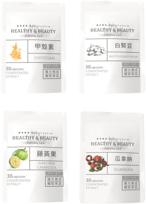 香草農場 纖女養成輔助食品組合 (甲殼素/白腎豆/藤黃果/瓜拿納), 1套, 30顆