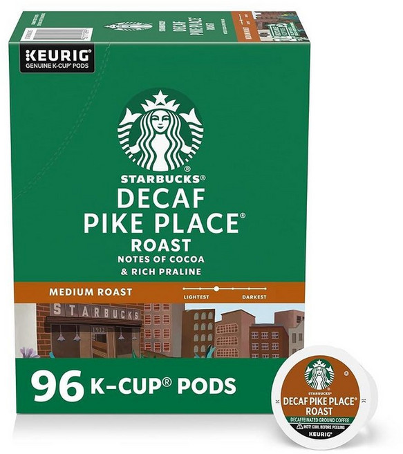 Starbucks K-Cup 커피 포드 블론드 로스트 핫 또는 아이스 베란다 블렌드 큐리그 60개 261702, 디카페인 파이크 플레이스, 24 개(4 팩), 1, 32