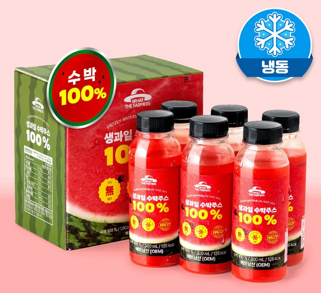 (아이스박스 포장 발송) 왓더파머스 얼린 생과일 살얼음 수박주스 100%, 6개, 300ml
