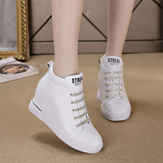 도오빠 보이제 여성 키높이 하이탑 스니커즈 7CM 속굽 가죽 운동화 지퍼 큐빅 스탠딩화 화이트 여자하이탑 발편한 신발
