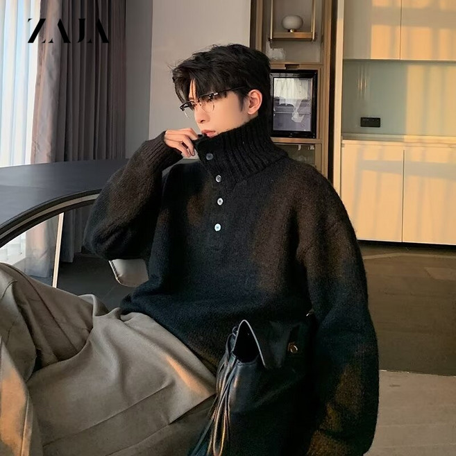 ZAJA 남성 겨울 오버핏 스웨터 하이넥 니트 풀오버
