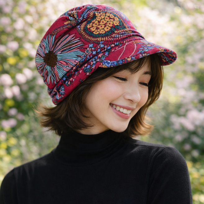 모장 플라워 에스닉 패턴 챙모자 여성 봄 가을 중년 패션 항암 비니형