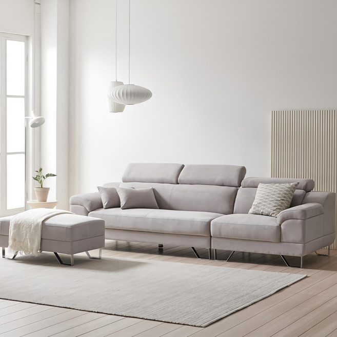 [초특가/지정일배송] 바로방가구 뮤스티 4인용 아쿠아텍스 패브릭 쇼파 거실 헤드레스트 방수 이지클린 4인 소파, 라이트그레이, 스툴 미포함