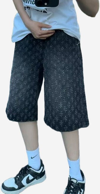 킹앤조이 포이베 데미지 자가드 패턴 5부 데님 반바지