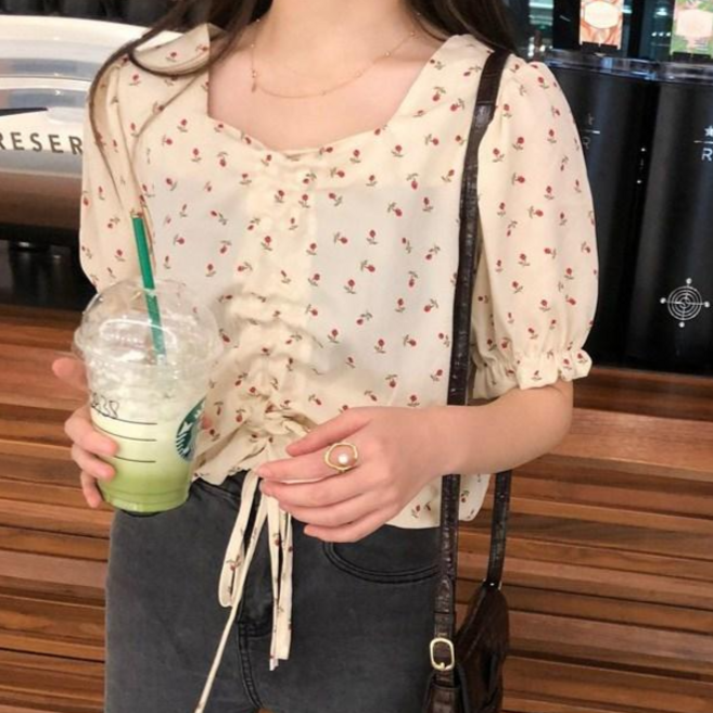 데이홀릭 여성 여름 쉬폰 셔링 반팔 블라우스