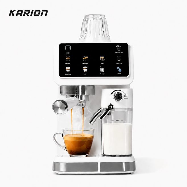 KARION 전자동 커피머신 에스프레소 머신 1350W 강력 출력 빠른 예열 1.5L 대용량 물탱크 20바 고압 추출 기본 구성 풀세트, 화이트, 5600