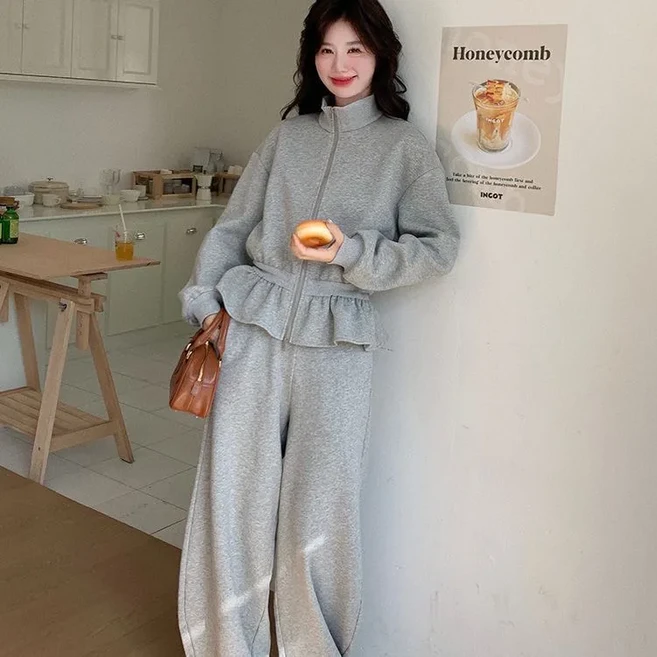 COSYEVNO 여성 봄가을 후드 프릴 트레이닝복 세트 와이드 팬츠 TZKtz-9