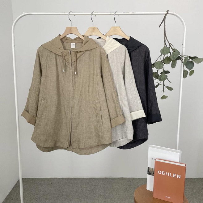 여자 캐주얼 후드 집업 무지 베이직 린넨 점퍼