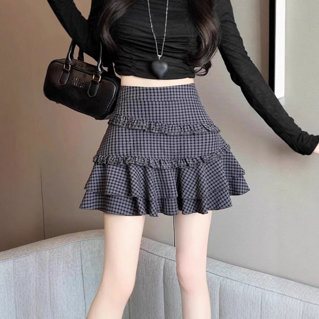 SAHINER 여성 하이웨스트 체크 프릴 캉캉 스커트 봄여름 BDQ06