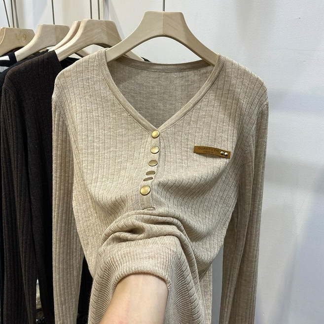 Asure 여성 브이넥니트 풀오버 봄가을 긴팔 이너 니트티