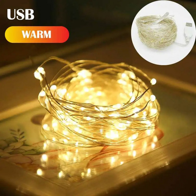USB 페어리 라이트 5M 10M 커튼 웨딩 구리 크리스마스 와이어 화환 방수 LED 스트링 파티, Warm, 30LED