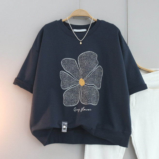 달콩 여성 큰꽃프린팅반팔맨투맨 칠부티 봄 여름