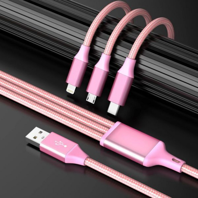 아이디슨 멀티 충전 케이블2팩 4피트 3-in-1 케이블 나일론 브레이드 여행용 충전기 범용 USB 타입 C/마이크로/IP 포트 아이폰17/16/14 대부분의 휴대폰 및 태블릿, Pink, USBA-3IN1