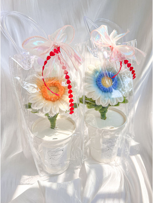 거베라 한송이 종이컵모루꽃화분 완제품 생일 여자친구 기념일선물 화이트데이 발렌타인데이 빼빼로데이 가방세트, 주황, 1개