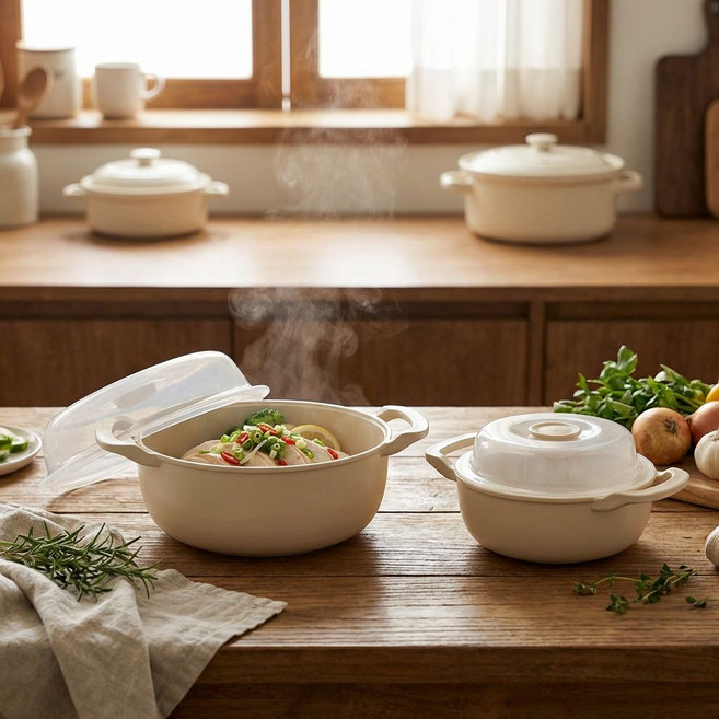 국내생산 이로홈 뚜껑형 전자레인지 찜기 듀얼 핸들 중+소 세트 용기 간편조리 계란찜 만두 라면용기, 1개, 아이보리