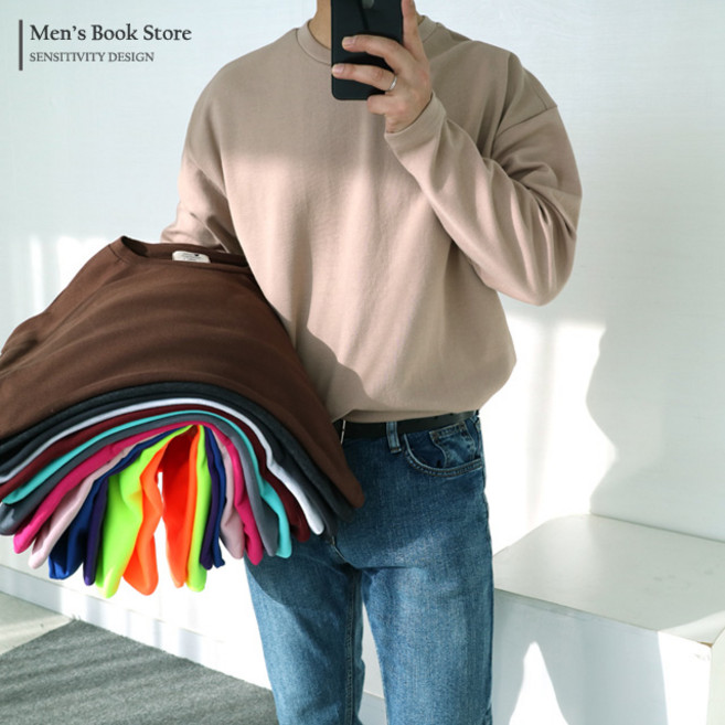 [맨즈북] 목늘어남 No 면 20수 무지 오버핏 긴팔티 남녀공용 L-5XL 빅사이즈 21Color 긴팔 티셔츠
