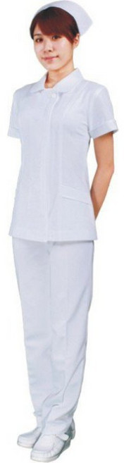 杏芳 2707 圓領短袖斜紋布護士服褲裝 - 前拉錬 白色